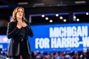 Vice President Kamala Harris thanks the crowd at a campaign rally held at Dort Financial Center, 3501 Lapeer Road in Flint, Mich., on Friday, Oct. 4, 2024.