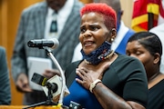 Saginaw council member Monique Lamar-Silvia speaks during a press conference at Saginaw City Hall on Thursday, Aug. 5, 2021. (Kaytie Boomer | MLive.com)